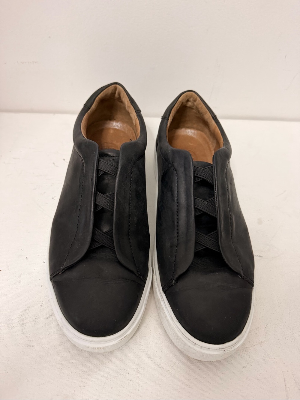 POELMAN- Men's designer Black Leather Slip-On Low-Top Sneakers with White Sole